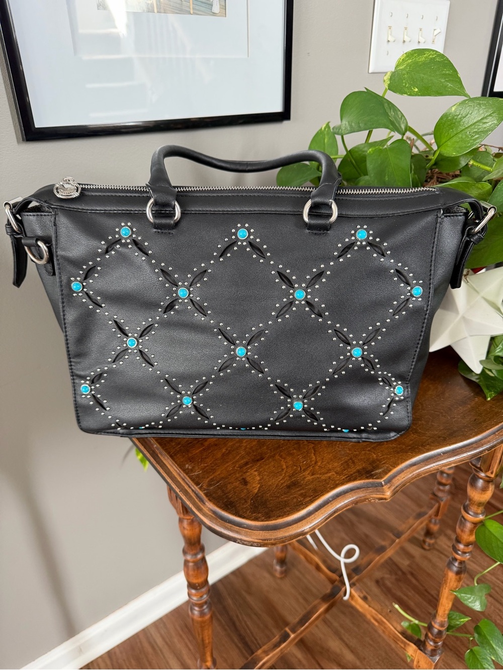 Catherine Malandrino Black Satchel with Turquoise Studs